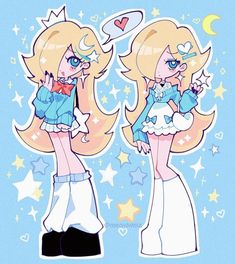 two cartoon girls with blonde hair and blue eyes are standing next to each other in front of stars