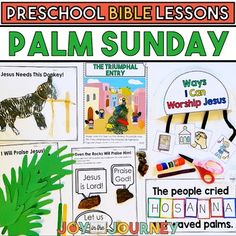 the palm sunday activity is displayed on a bulletin board with pictures and words to help students learn