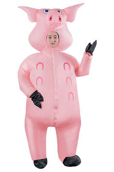 an inflatable pig costume is shown with its hands on his hip and holding a cell phone