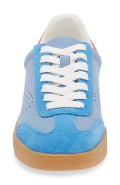 Bright and colorful blocking distinguishes an everyday sneaker built with a low profile for cool, casual style. Synthetic upper, lining and sole Imported Blue Sneakers With Contrast Sole In Athleisure Style, Modern Blue Lace-up Skate Shoes, Blue Sporty Skate Shoes With Perforated Toe Box, Sporty Blue Skate Shoes With Perforated Toe Box, Blue Sneakers With Vulcanized Sole For Spring, Casual Sneakers With Gum Sole For Sports, Casual Blue Skate Shoes For Spring, Casual Blue Mid-top Sneakers, Blue Retro Sneakers With Gum Sole