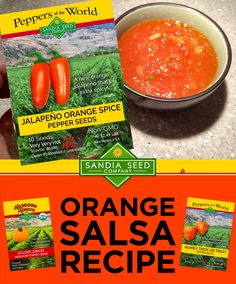 two packages of orange salsa are on the counter next to a bowl of chili sauce