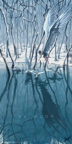 a painting of birds flying over water surrounded by trees and snow covered ground with no leaves on the branches