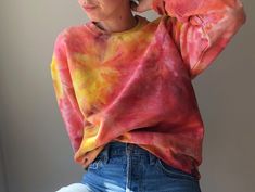 "The most cheerful sweatshirt soon to be in your closet! Soft and cozy, this crew neck will be a great layering piece to remind you of sunnier days. A soft cotton/poly blend, unisex size medium. Measurements laying flat: PTP: 20\" Length: 25.5\"" Multicolor Crew Neck Sweatshirt For Loungewear, Soft-washed Crew Neck Sweater For Spring, Spring Crew Neck Soft-washed Sweater, Tie Dye Crew Neck Sweatshirt For Spring, Orange Crew Neck Sweatshirt For Loungewear, Spring Orange Crew Neck Sweatshirt, Casual Hand Dyed Relaxed Fit Sweatshirt, Cozy Orange Crew Neck Top, Orange Relaxed Fit Sweatshirt With Crew Neck