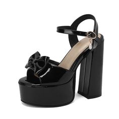 GOOSHOE Bright Patent Leather Cute Bow Tie Peep Toe Shoes High Thick Heels Hollowed Out Platform Women's Sandals black-34 Sandals Summer 2023, Chunky Platform Sandals, Super High Heels, Peep Toe Shoes, Girly Shoes, Bow Shoes, Peep Toe Sandals, Buckle Shoes, Cute Bow