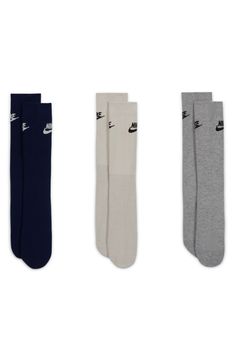 These crew socks are made from soft, stretchy fabric that molds to your foot for all-day comfort. Pack of three assorted pairs Polyester/spandex Machine wash, tumble dry Imported Casual Slip-resistant Gray Socks, Casual Gray Slip-resistant Socks, Casual Fade-resistant Training Socks, Casual Gray Sports Socks, Nike Comfortable Anti-odor Socks, Nike Anti-odor Comfortable Socks, Comfortable Nike Sports Socks, Comfortable Knee-high Sports Socks, Nike Sports Socks