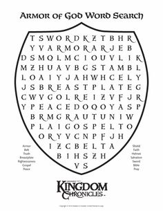 the armor of god word search is shown in black and white, with words below it