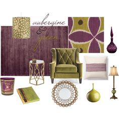 an assortment of furniture and decor items including a chair, table, lamp, mirror, vase