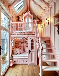 a pink bunk bed in a room with wooden flooring and white walls, stairs leading up to the upper level