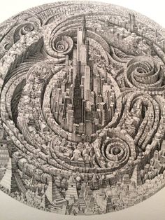 a drawing of a city surrounded by swirls and spirals