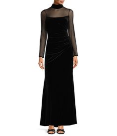 Eliza J Mock Neck Mesh Stretch Velvet Side Ruched Long Illusion Sleeve Keyhole Back Gown | Dillard's Black Velvet Formal Dress, Motb Dress, Velvet Formal Dress, Evening Wedding Guest Dresses, Winter Gowns, Illusion Sleeves, Velvet Evening Dress, Formal Wedding Guest Dress, Buy List