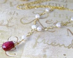 Natural Ruby Necklace, Gold Filled, Freshwater Pearls, Red Stone Pendant, July Birthstone, Birthday Gift, Handmade Wedding Jewelry Ruby Gemstone Bridal Necklace For Anniversary, Red Ruby Necklace For Anniversary, Gold Ruby Pearl Necklace For Wedding, Elegant Red Pearl Necklace With Natural Stones, Elegant Red Pearl Necklace With Faceted Beads, Handmade Wedding Jewellery, Bridal Party Jewelry, Artisan Necklace, Purple Jewelry