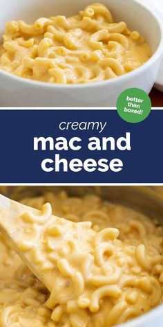 creamy macaroni and cheese in a white bowl with a wooden spoon on the side