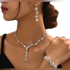 Rhinestone Necklace Set Is Made Of High Quality And Not Easy Broken,If You Wear It,You Can Feel It Is Soft And Comfortable Silver Rhinestone Necklaces Are Not Easy To Knot And Convenient To Wear.The Necklace Size Is15in+5.9in Extender Chain,You Can Adjust The Length Of Necklace Freely By Yourself Elegant Crystal Jewelry For Party, Elegant Sparkling Jewelry Sets For Party, Cubic Zirconia Jewelry Sets For Party, Teardrop Rhinestones Jewelry Set, Elegant Teardrop Crystal Jewelry Sets, Elegant Teardrop Rhinestone Jewelry Sets, Elegant Sparkling Jewelry Sets For Gifts, Dangle Rhinestone Jewelry For Anniversary, Dangle Rhinestone Jewelry Sets For Gifts