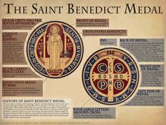 the saint benedict medal is shown in red, white and blue with information about it