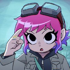 an anime character with pink hair wearing goggles and pointing to her left side while looking at the camera