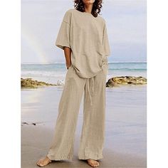 Season:Summer,Spring; Fabric:Cotton And Linen; Sleeve Length:Half Sleeve,Long Sleeve; Gender:Women's; Nightwear Style:Loungewear,Sets; Style:Basic; Elasticity:Micro-elastic; Tops Type:T Shirt; Occasion:Street,Daily; Function:Breathable; Pattern:Pure Color; Design:Pocket,Elastic Waist; Neckline:Crew Neck; Bottom Type:Pant; Listing Date:04/26/2024; Hips:; Length [Bottom]:; Length [Top]:; Waist:; Bust:; Sleeve Length: Womens Loungewear Sets, Style Désinvolte Chic, Wide Leg Pant Suit, Style Casual Chic, Women's Loungewear, Casual Belt, Style Basic, Wide Leg Linen Pants, Spring Fabric