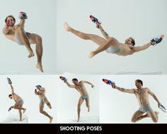 multiple shots of a man jumping in the air holding a bottle and playing with a tennis racquet