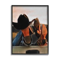 a painting of a man with a cowboy hat leaning on his horse's back