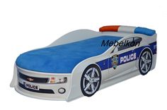 an inflatable bed with a police car design on the front and sides, is shown