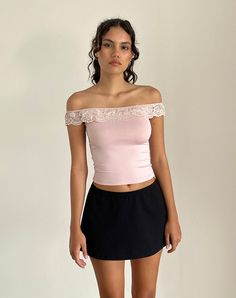 Nesel Bardot Top in Slinky Baby Pink Stretch Lace Trim Crop Top For Night Out, Stretch Crop Top With Lace Trim For Night Out, Pink Stretch Lace Top For Spring, Bodycon Off-shoulder Top For Night Out, Off-shoulder Bodycon Top For Night Out, Pink Lace Trim Top For Party, Bodycon Off-shoulder Tops For Party, Pink Lace Trim Top For Night Out, Fitted Off-shoulder Lace Top For Party