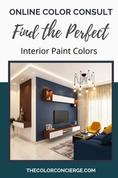 a living room with blue walls and yellow furniture in the center, text reads online color consult find the perfect interior paint colors