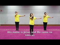 three people in yellow shirts are standing on a pink carpet with their hands up and the words, his name jesus and he came to save us