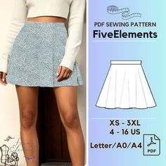 a woman wearing a skirt and white sweater with the text, sewing pattern five elements xs - 3xl 4 - 16 us