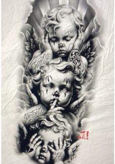 an angel tattoo design on the back of a woman's arm and chest, with two