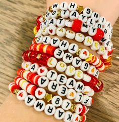 Show team spirit for the upcoming big game with these T Swift inspired Chiefs Fan Bracelets! Fan Bracelet, T Swift, Number Beads, Salem Ma, Cheer Dance, Dance Teams, Pony Beads, Big Game, School Spirit