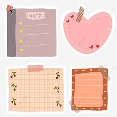 three pieces of paper with hearts and notes on them, one has a notepad