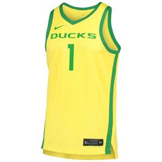 When it's Oregon Ducks basketball season, you'll always be ready to cheer them to victory when you have this Replica jersey from Nike. The design features authentic team graphics on the front and back for a little extra Oregon Ducks pizzazz. This jersey is also equipped with moisture-wicking Dri-FIT technology and Nike Dry fabrics for reliable comfort throughout every game this year. Sleeveless Officially licensed Heat-sealed graphics Material: 100% Polyester Dri-FIT technology wicks away moistu Basketball Team Jersey In Cotton, Basketball Jersey With Team Name In Cotton, Basketball Team Name Cotton Jersey, Collegiate Basketball Jersey, Collegiate Cotton Basketball Jersey, Basketball Team Logo Cotton Jersey, Cotton Basketball Jersey With Team Logo, Collegiate Cotton Jersey For Team Events, Sleeveless Collegiate Jersey For Game Day