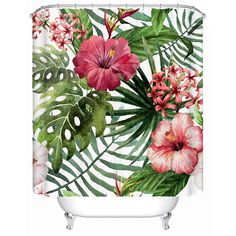 a shower curtain with pink flowers and green leaves on the outside, in front of a white background