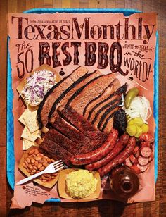 the cover of texas's month - end bbq is displayed on a wooden table