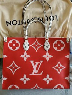 Louis VUITTON ONTHEGO GIANT Monogram RED, PINK  GM SIZE TOTE. Condition Excellent: Faded darkening on stitches, faded scratches. Overall no marks or spots visible, worn two very few times. Structure wear. Comes with Dust Bag. Onthego GM tote bag for Summer!! Collectors Piece!!! Large and easy to carry with its shoulder straps or top handles, this large tote is a perfect everyday bag. MEASURES: 16.14 x 13.39 x 7.48 inches  (Length x Height x Width)  RED PINK YELLOW ORANGE Monogram coated canvas C Louis Vuitton Handbags Pink, Louis Vuitton Pink Bag, Red Louis Vuitton Bag, Crochet Booties Pattern, Louis Vuitton Luggage Red, Black Louis Vuitton, Louis Vuitton Pink, Louis Vuitton Red, Red Tote Bag