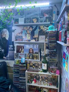 a room filled with lots of records and cds on shelves next to a plant in the corner