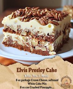 an advertisement for elvis presley cake on a plate with pecans in the background