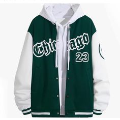 Excellent Quality White Hooded Varsity Jacket With Ribbed Cuffs, Winter White Varsity Jacket With Ribbed Cuffs, White Cotton Varsity Jacket With Long Sleeves, Urban White Varsity Jacket With Pockets, White Urban Varsity Jacket With Pockets, White Baseball Collar Outerwear With Pockets, White Varsity Jacket With Pockets For Winter, White Outerwear With Baseball Collar And Pockets, Urban White Outerwear With Letter Print