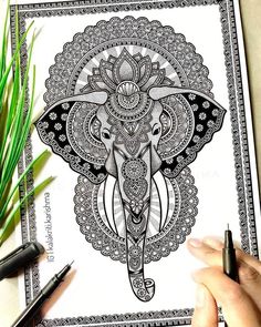 an elephant with intricate patterns on it's face is shown in this coloring page