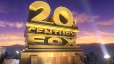 the 20th century fox logo in front of a sunset sky with buildings and lights behind it