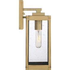 an outdoor light with a clear glass shade on the side and a metal frame around it