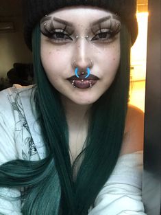 8g Septum, Gauged Septum, Snakebites And Septum, Alt Septum Piercing, Punk Piercings Face, Goth Facial Piercings, Goth Face Piercings, Punk Makeup, Alt Makeup