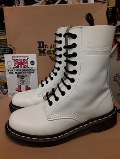 Dr Martens 10 hole boots in White Smooth leather,  very rare. White Boots With Rubber Sole For Streetwear, White Lace-up Boots With Rubber Sole, White Lace-up Boots For Streetwear, White Boots For Winter Streetwear, White Winter Boots For Streetwear, White Winter Boots With Rubber Sole, White Leather High-top Combat Boots, White High-top Leather Combat Boots, White High Ankle Boots For Streetwear