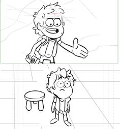 an animation character is shown in three different ways, including the outlines for each character