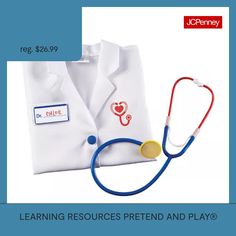 a doctor's coat and stethoscope are shown with the words learning resources pretend and play