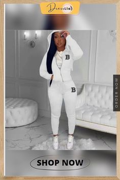 Zip Hooded Long Sleeve Coat and Pants Two Piece Set Sporty White Hooded Set, Winter Streetwear Sets With Pockets, Winter Sportswear Sets With Pockets, Casual Hooded Winter Set, Winter Stretch Hooded Sets, Winter Hooded Stretch Sets, Hooded Streetwear Sets, Sporty Hooded Winter Sets, White Winter Sets With Pockets