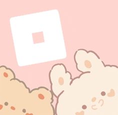 two teddy bears laying next to each other on a pink background with a square in the middle