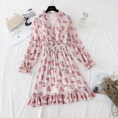 Fabric: Chiffon Size: S M L XL Color: pink, black, apricot, blue Pink Long Sleeve Feminine Chiffon Dress, Feminine Pink Long Sleeve Chiffon Dress, Feminine Pink Chiffon Dress With Long Sleeves, Feminine Long Sleeve Pink Chiffon Dress, Pink Casual Chiffon Dress For Spring, Casual Pink Chiffon Dress For Spring, Casual Long Sleeve Chiffon Dress, Pink Fitted Casual Chiffon Dress, Casual Fitted Pink Chiffon Dress