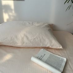 an open book on top of a bed next to pillows and a plant in the corner