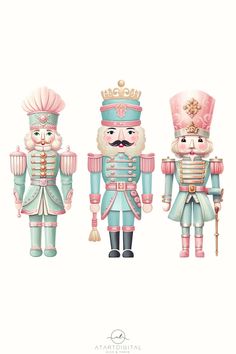 three nutcrackers are standing next to each other in blue and pink outfits