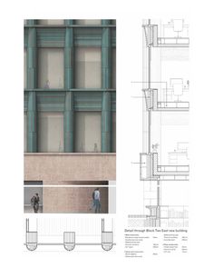 an architectural drawing shows the side and top sections of a building, with two people walking by